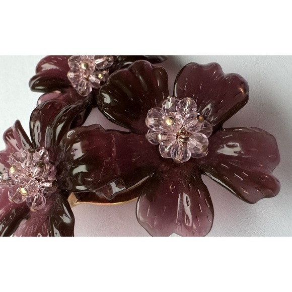 Vintage Nolan Miller Pink Purple Lucite Beaded Flower Trio Brooch Cluster Pin - Picture 6 of 8